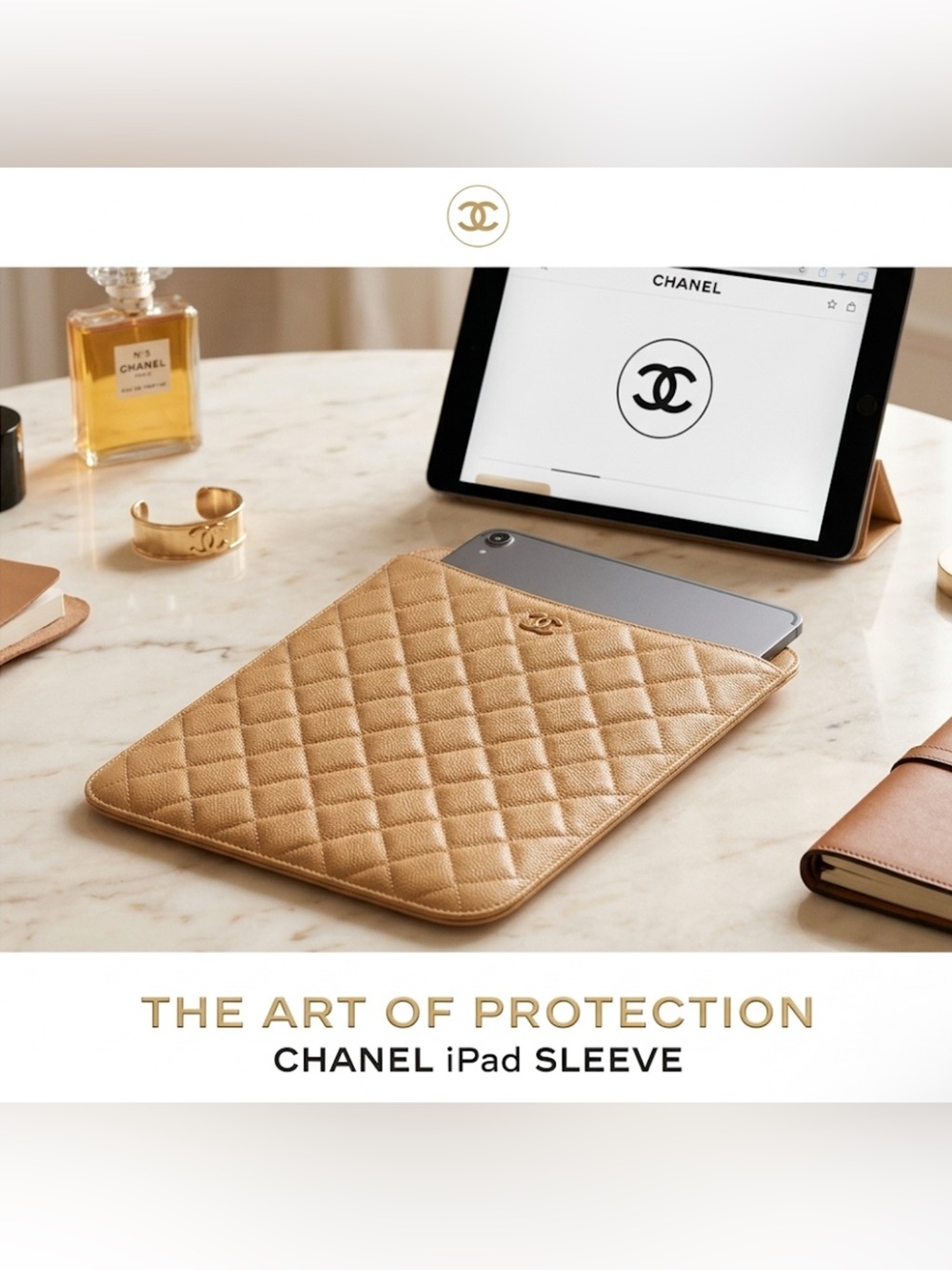 Authentic Chanel luxury designer caviar quilted leather iPad tablet case cover